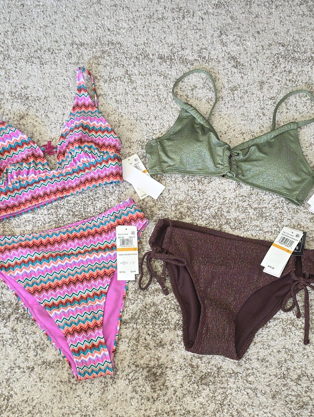 NWT Salt + Cove Juniors Swim Tops & Bikini Bottoms Sz S Lot Pink Chevron Shimmer